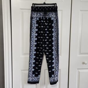 DKNY Blue Paisley Pants Elastic Waistband Tie Waist Pockets‎ Size XS